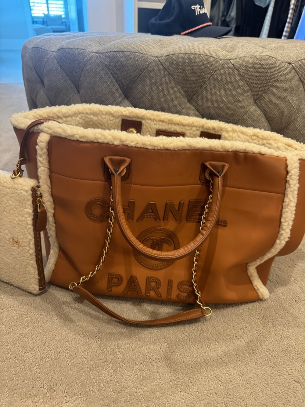 Tan Leather Tote with Cream Shearling Trim